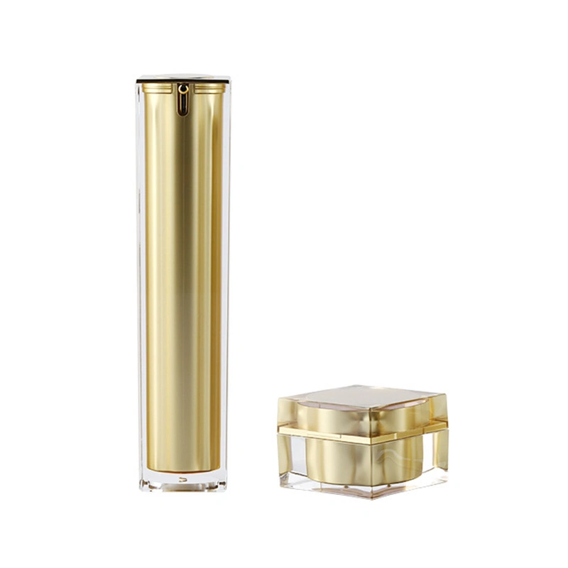 Gold Color 15g 30g 50g Empty Plastic Square Acrylic Jar and 30ml 50ml 100ml Airless Cream Pump Cosmetic Bottles